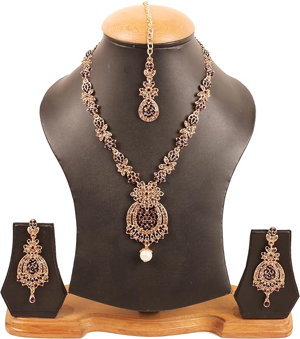 Touchstone Indian jewelry sets for women maang tikka wedding guest gold necklace bollywood jewellery set pageant elegant prom bride accessories western crystal chunky rhinestone necklaces