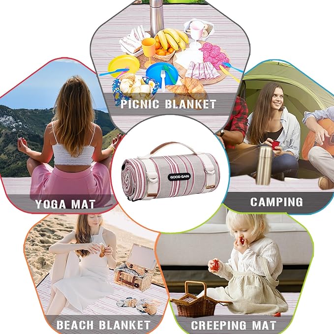 G GOOD GAIN Waterproof Picnic Blanket Portable with Carry Strap for Beach Mat or Family Outdoor Camping Party(Oat)