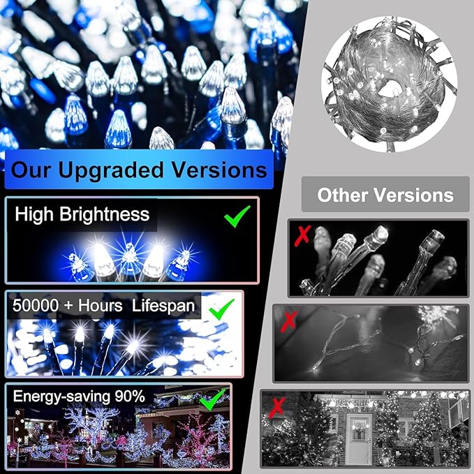 340 LED 90FT Christmas String Lights Outdoor, 12 Pro Modes and Timer Memory & Brightness, Plug in Waterproof Dark Green Wire Twinkle Light for for Xmas Yard Tree Wedding Party Decor (Blue & White)