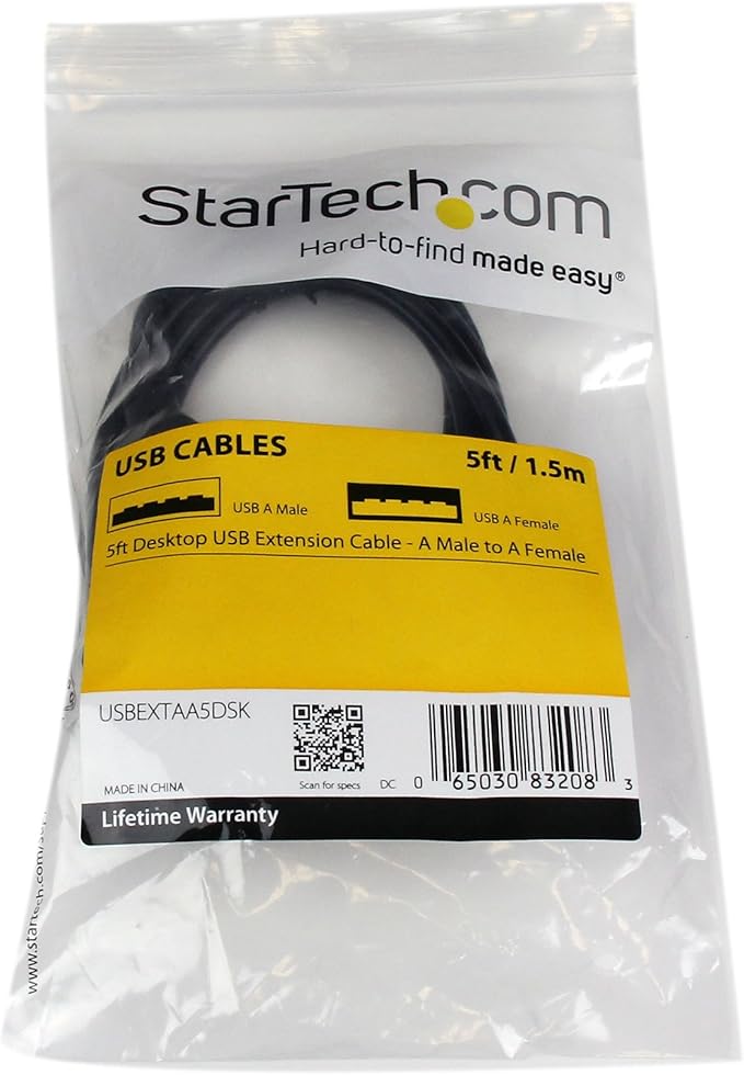 StarTech.com 5ft USB 2.0 Extension Cable - Male to Female - 5 ft USB A to A Extension Cord for Laptop, Desktop, Tablet, Webcam & More (USBEXTAA5DSK), Black (Pack of 2)
