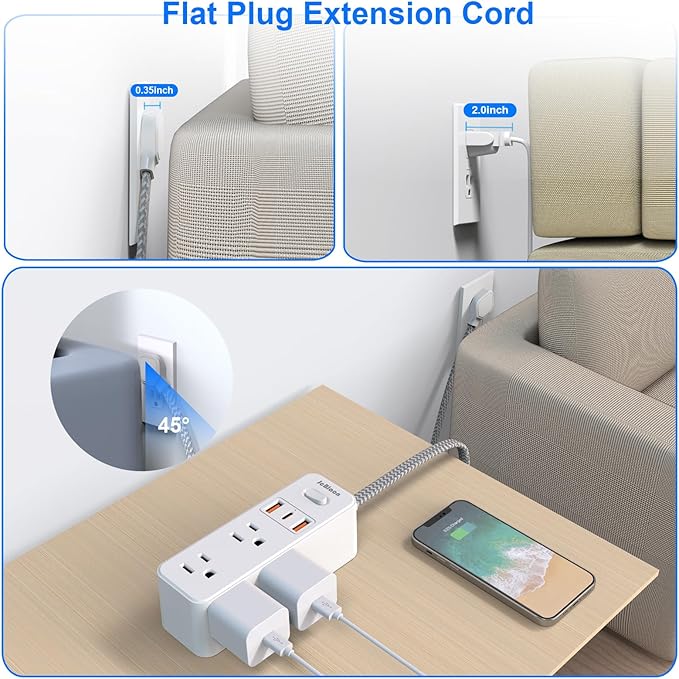 Extension Cord with Multiple outlets, 10 Ft Braided Power Cord, 6 Widely Outlets with 3 USB Ports (1 USB C), Ultra Thin Flat Plug, 3 Sided 1050J Power Strip Surge Protector for Home Travel Office
