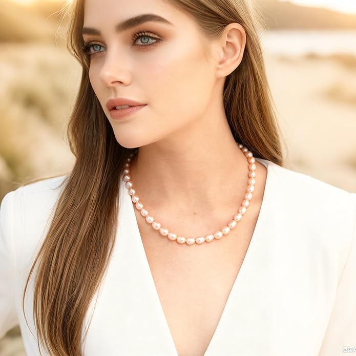 Pearl Necklace for Women, AAA+ Freshwater Cultured Pearl Strand,18 Inch with Sterling Silver Clasp, Elegant Pearls Classic Jewelry Gift for Mother's Day | Christmas | Wedding | Anniversary for Mother Wife Daughter