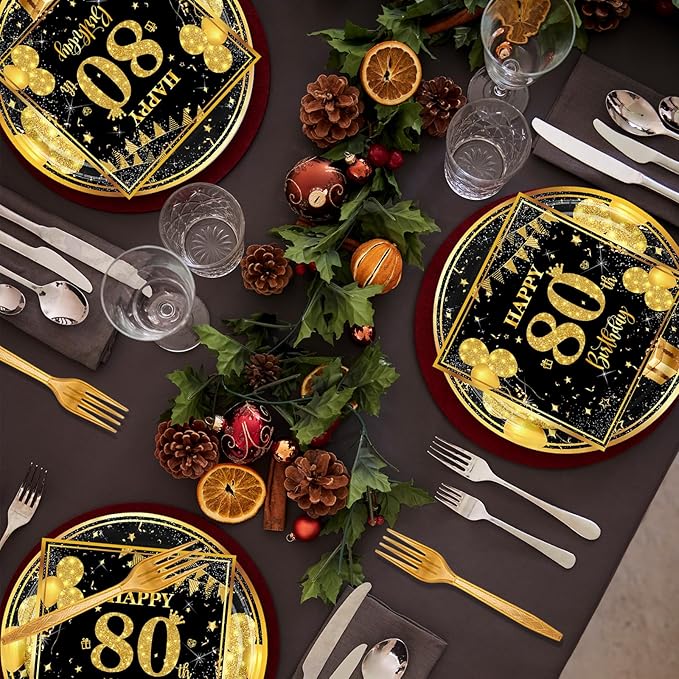 80th 7 inch Birthday Party Paper Plates and Napkins Forks 60 pcs Black Gold Birthday Decorations for Boys Girls Tableware Set for Anniversary Party Supplies,Serve 20