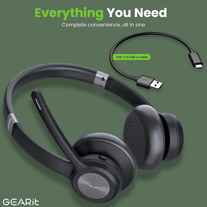 GEARit Wireless Headset with Mic - Stereo 5.4 Bluetooth Headphones with Advanced AI Noise Cancelling Microphone for Work, Home, Computers & Phone Calls - Dual Connect, PC Headset with Mute Button