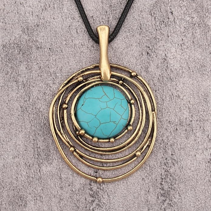 Boho Leather Necklace Women Bohemian Brown Circle Pendant Necklace Choker Long Necklaces for Women Boho Ring Large Pendant