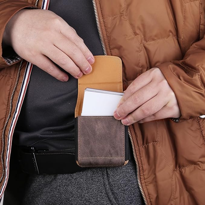 Universal Phone Holster Phone Pouch Case Belt Clip Belt Loops Card Slot Faux Leather for Man for Samsung Galaxy Z Flip 5/4/3 Motorola Razr Plus Razr+ 2023 (Brown&Yellow, XS(3.7"x3.1"x1.1"))