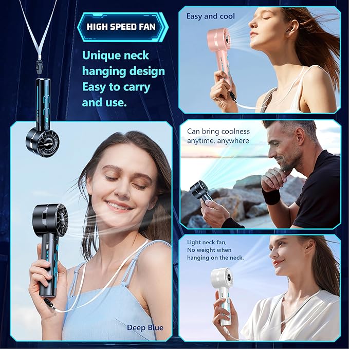 2pcs Portable Handheld Turbo Fan with 7000rpm High-Speed Motor USB Rechargeable Cooling Personal Fan 4-Speed, 4-16H Runtime, with Lanyard for Outdoor Travel, Women, Kids, Summer Gift