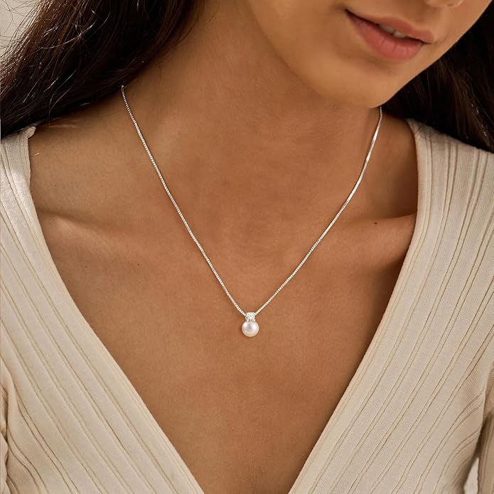 WFYOU Pearl Necklaces for Women Trendy 6MM 8MM 10MM Dainty Round Natural Freshwater Pearl Necklace Silver 14K Gold Plated CZ Pearls Necklaces for Women Birthday Bridesmaid Wedding Gifts Pearl Jewelry