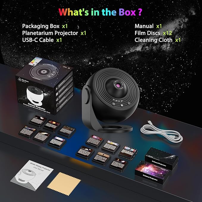 Galaxy Projector for Bedroom, HD Image Star Projector Galaxy Light Adjustable Knob, 13 Film Discs Planetarium Projector for Kids, 360° Rotating 1/2h Timer Simple 3-Button Control