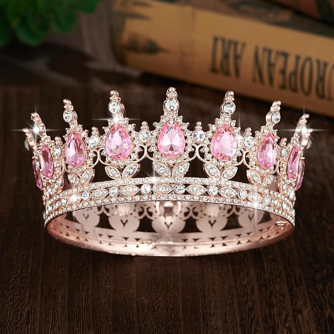 Queen Crown Rhinestone Wedding Crowns and Tiaras for Women Costume Party Hair Accessories Princess Birthday Crown Crystal Bridal Crown (Rose Gold & Pink Crown)