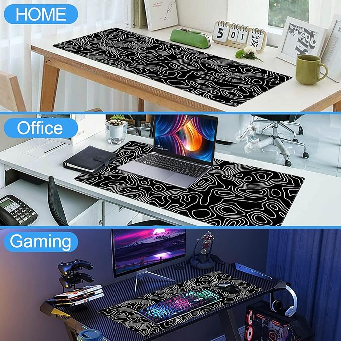 Black and White Topographic Map Gaming Mouse Pad - XXL Extended Desk Mat for Keyboard & Mouse (31.5" x 15.7") with Non-Slip Base & Stitched Edges - Washable Surface for Computer or Gaming Desk
