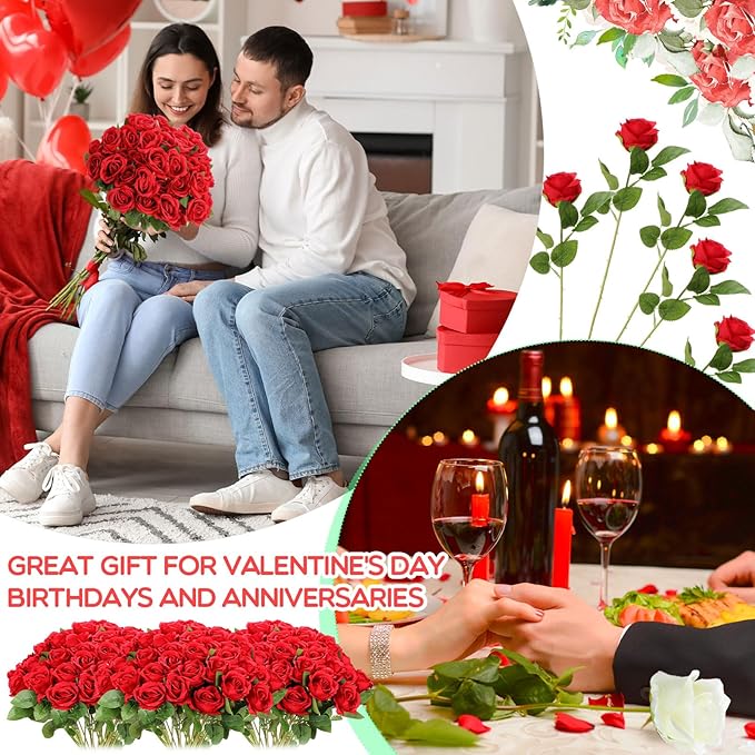 Hotop 80 Pcs Rose Artificial Flowers Bulk with Long Stem, Silk Roses Realistic Fake Flowers Bouquet for Wedding Table Centerpieces Bridal Shower Party Home Decorations(Red)