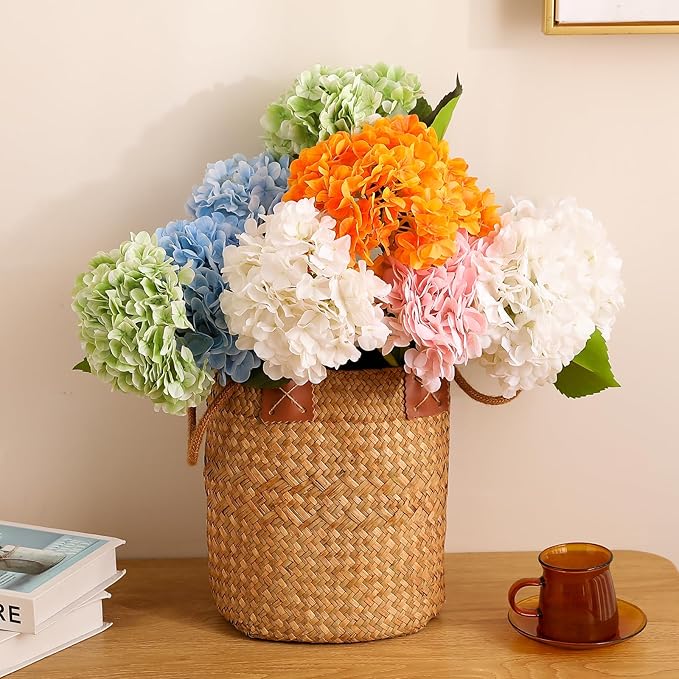 Tifuly 4pcs Fake Hydrangea with Vase - Real Touch Faux Hydrangea Flowers and 3pcs Eucalyptus Stems for Wedding Centerpiece Home Party Table Decoration(Blue)
