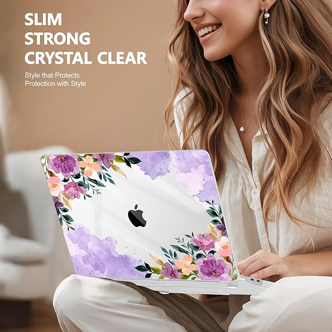 Case for MacBook Pro 13 inch with/Without Touch Bar (2016-2022, M2 A2338 M1 A2289 A2251 A2159 A1989 A1706 A1708), Hard Shell + Keyboard Cover + Dust Plug - Purple Flower