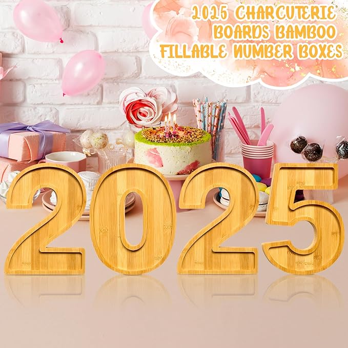 2025 Charcuterie Boards Graduation Fillable Number Boxes Reusable Food Trays for 2025 Party Favors Supply Easter Serving Platters Food Display Boxes Dish Plates for Grad Tabletop Decor Birthday Gifts