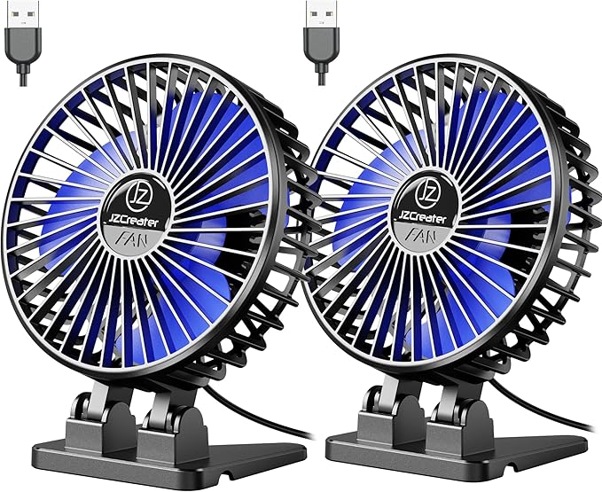 JZCreater USB Desk Fan, Mini Fan Portable, 3 Speeds Desktop Table Cooling Fans, Plug in Power, Rotation Strong Wind, Quiet Personal Small Fan for Home Desktop Office Travel Bedroom, Black (2Pack)