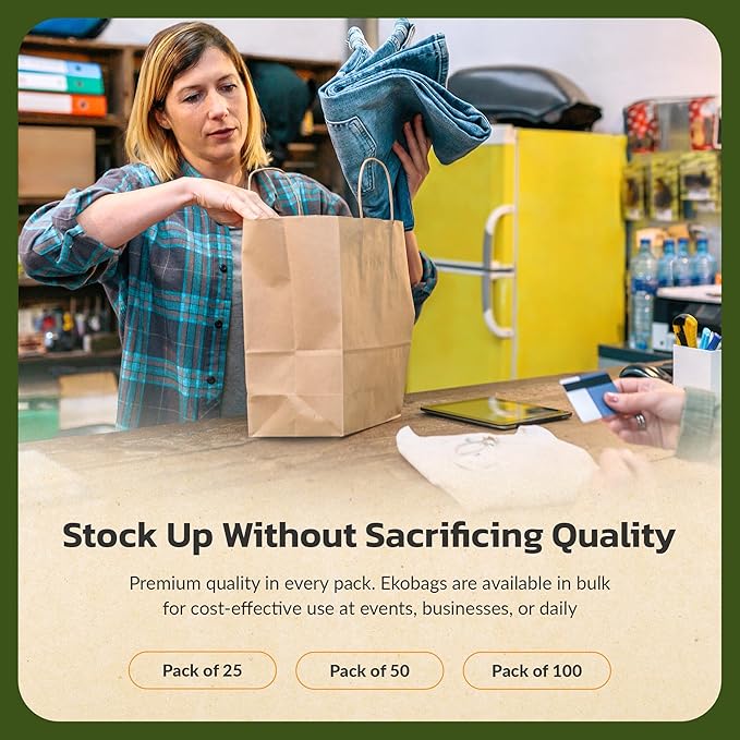 EKOBAGS Granvia | 10x7x12 inches | 50-Pack Kraft Paper Gift Bags with Handles | 115 GSM Brown Paper Bags for Small Business, Shopping & Party Favors | Recyclable | Holds up to 13.8L/8 lbs
