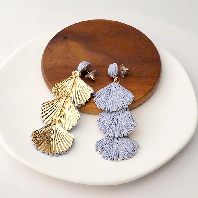 Raffia Dangle Earrings for Women - Boho Statement Rattan Drop Jewelry with Shell Design, Lightweight Summer Beach Trendy Accessories