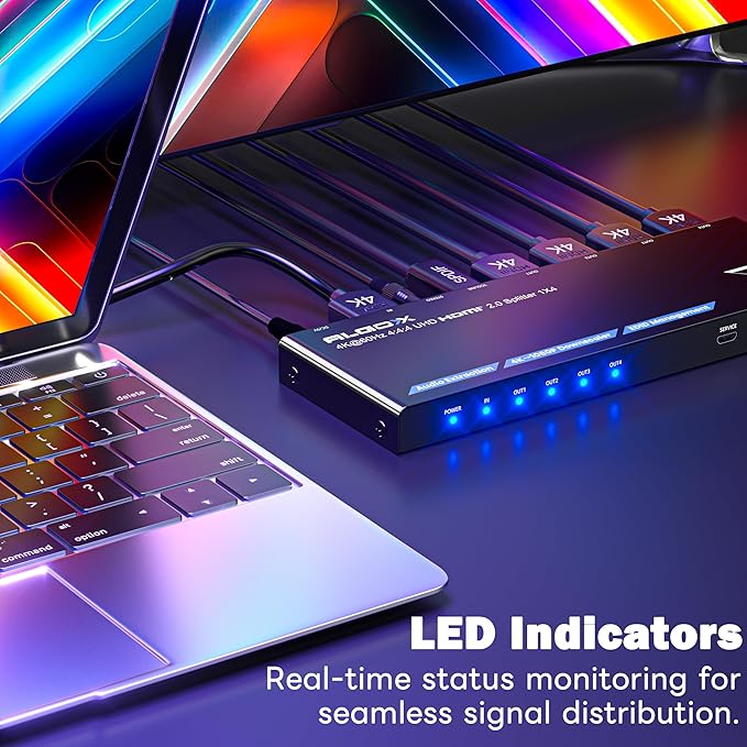 4K HDMI Splitter 1x4 with Audio Extractor, Downscaler & EDID, 4K@60Hz HDR HDMI 2.0 18Gbps HDMI Duplicator with TOSLINK & 3.5mm Stereo Out, Support HDCP 2.2 for TV, PS5, Xbox, Roku, Projector, Switch2