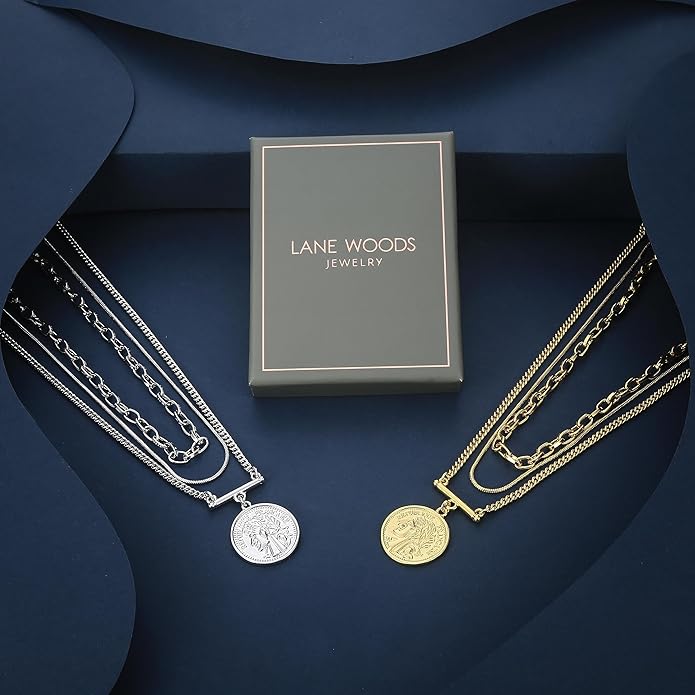 LANE WOODS Gold Plated Necklaces for Women - Multilayer Coin Medallion Pendant Necklace Adjustable Layering Choker Necklaces Chain Set Jewelry