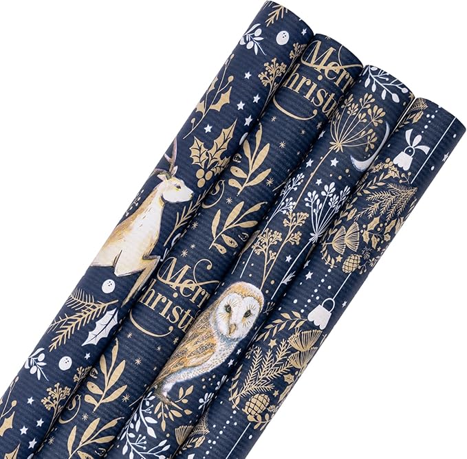 RUSPEPA Christmas Kraft Wrapping Paper Roll - Blue Owl, Reindeer, Christmas Ball and Text Design - 17 inches x 10 feet per Roll, Total of 4 Rolls