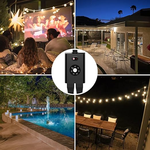 Minoston Outdoor Timer Outlet Waterproof, Dusk to Dawn Photocell Light Sensor Socket, 2/4/6/8 Hours Cutdown Timer, 2 Grounded Outlets for Christmas and Hallowen Deceration, Black(MP40T)