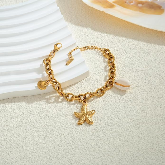 Gold Charm Bracelet for Women Boho Adjustable Shell Starfish Bracelet Summer Beach Ocean Statement Bracelets