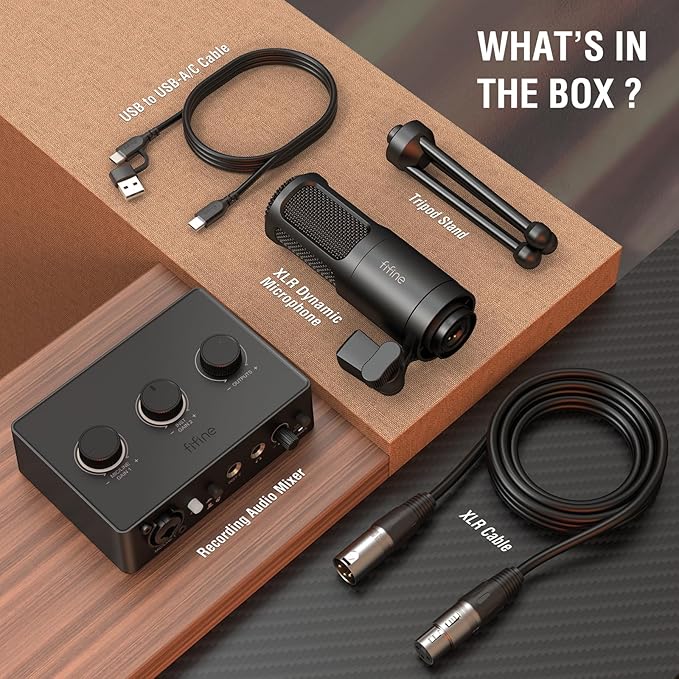 FIFINE Podcast Equipment Bundle Set, Music Recording Kit with Studio Dynamic Microphone and USB Audio Mixer with XLR Mic Input, Headphone Monitoring, Volume Knob for Vocal/Voice Over-AmpliTank KS6
