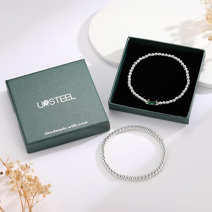 Ursteel Valentines Gifts for Her Kids Girls, Elastic Birthstone Bracelet for Women 14K-Gold-Plated Beaded Bracelet Non Tarnish Trendy Birthstone Jewelry Birthday Gifts for Women
