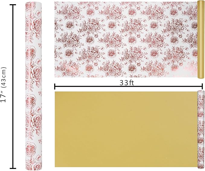 LaRibbons Reversible Floral Wrapping Paper Roll, 17Inch x 33 Feet (46.7 Sq. Ft) – Double-Sided Rose Gold Foil Design for Wedding, Mother’s Day, Bridal Shower & Birthday