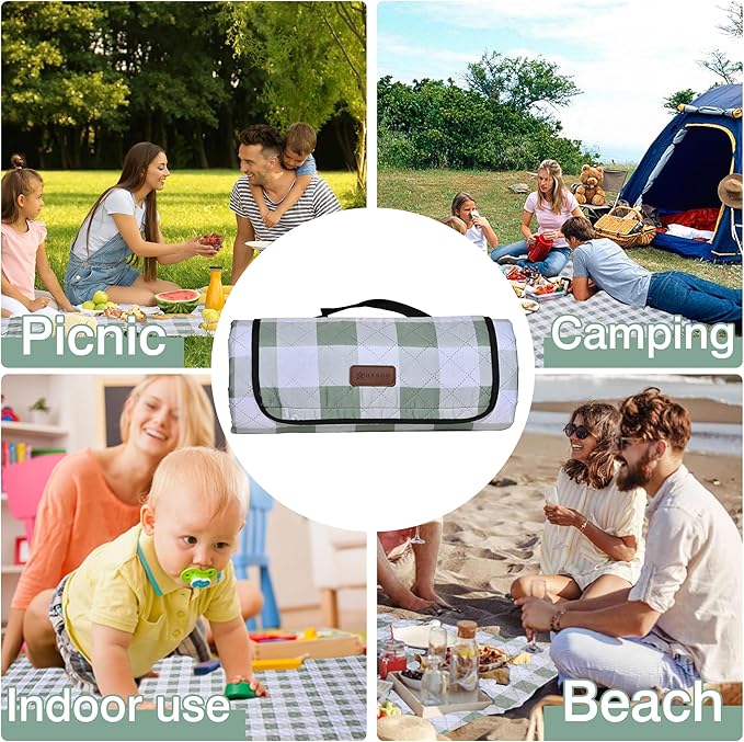 HX&OD Outdoor Picnic Blanket, Extra Large, 80''x60'' Waterproof Foldable Blankets Gingham Picnic Mat for Beach, Camping Grass Lawn Park Accessories Cute Couple Ideas Wedding (Green, 80”x60”)