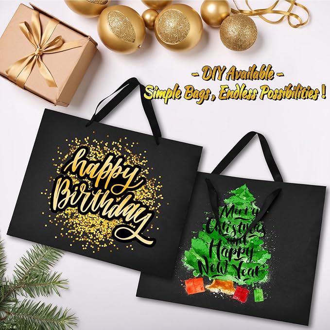 Black Gift Bags With Handles 6 Pcs, 12.5x4.5x11 Inch Sturdy Kraft Paper Gift Bags, Bulk for Wedding, Party, Birthday, Business and Shopping, Large Size