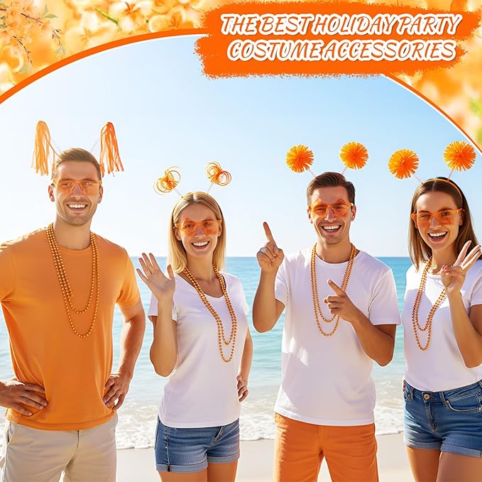 50 Pcs Orange Holiday Team Spirit Party Accessories Pom Pom Party Headbands Star Shape Sunglasses Bead Necklaces Stuff Favors for Birthday Wedding Supplies(Classic)
