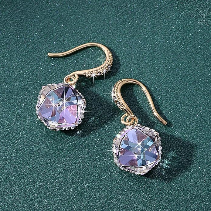 Austrian Crystal Cube Drop Dangle Earrings for Women 14K Gold Plated Hypoallergenic Jewelry