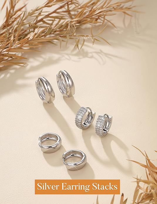 MILACOLATO 3 Pairs Small 14K Gold Plated Hoop Earrings for Women Trendy Hypoallergenic Silver Earring Stacks Huggie Hoops Earring Sets for Multiple Piercing Chunky Double Hoop Jewelry Lightweight