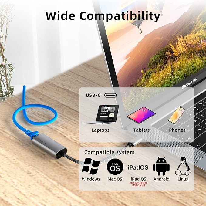 USB-C to Ethernet Adapter, WALNEW USBC to RJ45 Lan Adapter, Gigabit Cat Network Cable Converter to Type C Thunderbolt 3 for Mac,MacBook Pro/Air,iPad 10th,Dell XPS,Chromebook,Surface,Samsung Galaxy Tab
