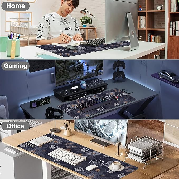 Wildflowers and Insects Desk Mat,Large Cute Flowers Butterflies and Dragonflies Gaming Keyboard Mouse Pad,Non-Slip Rubber Base Desk Pad Thick Stitched Edges Waterproof Mousepad Mouse Mat 31.5"x11.8"