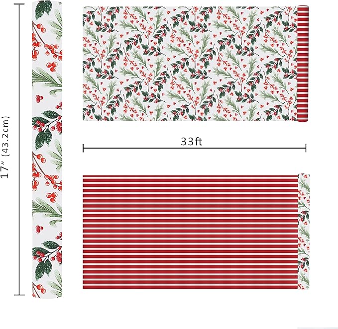 LaRibbons Reversible Christmas Wrapping Paper Jumbo Roll, Vintage Red Berries & Red Candy Cane Stripe Gift Wrap for Christmas, Season Party, Xmas, 30 Inch × 33 Feet