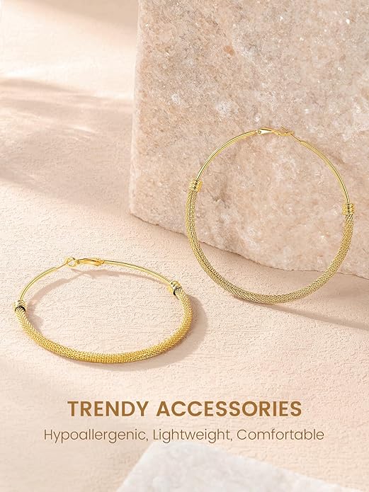 KeyStyle Mesh Hoop Earrings for Women, Stainless Steel Gold Hoops Earring Lightweight Loops, 2MM Thick Hypoallergenic Circle Endless Hollow Hoop 20mm-80mm