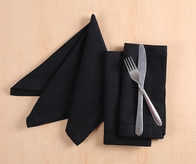 LFH Home Hemstitched Cloth Dinner Napkins 18x18 Inch Set of 12 - Reusable 100% Cotton Machine Washable Cocktail Napkins with Metered Corners for Daily, Party, Wedding, Bar Use - Black