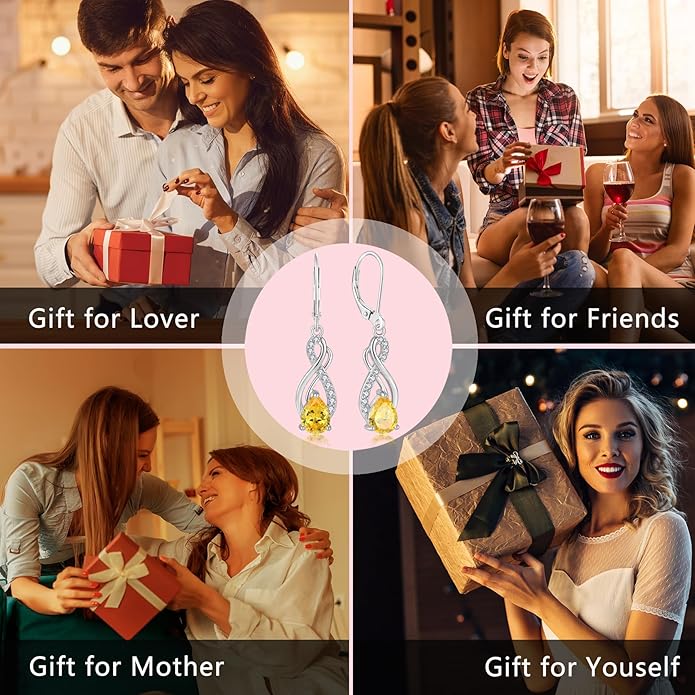 Infinity Love Birthstone Earrings for Women 925 Strling Silver 5A Cubic Zirconia Dangle Drop Leveback Earrings Jewelry Birthday Christmas Day Gifts for Her