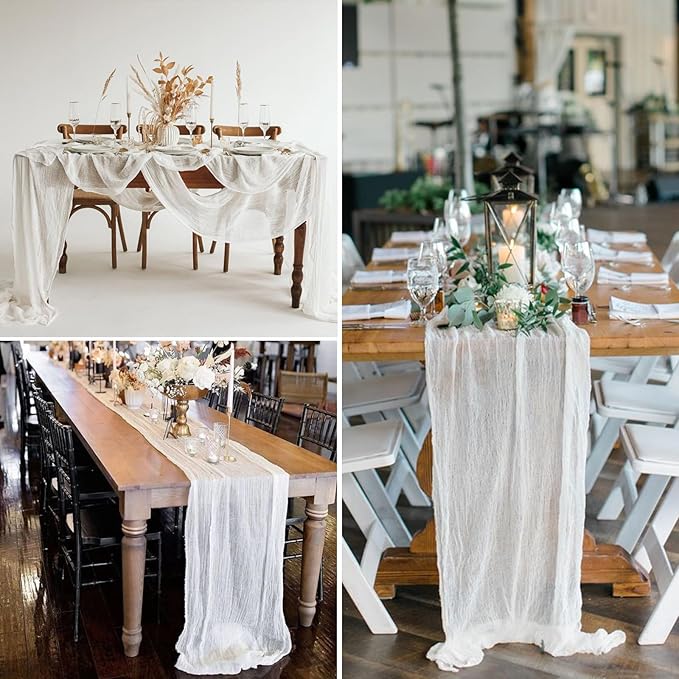 12 Pack White Cheesecloth Table Runner 10FT Boho Gauze Cheese Cloth Fabric 35 x 120 Inch Rustic Sheer Runner for Christmas Wedding Decor Baby Shower Party Boho Decoration