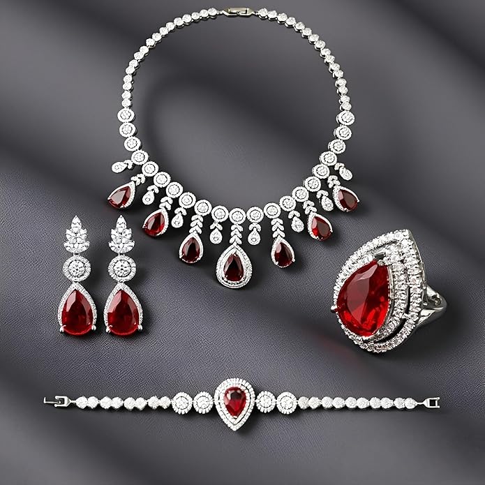 Rhinestone Wedding Bridal Jewelry Set Women's Prom Style Emerald Teardrop Necklace, Earrings, Bracelet, Ring Wedding Bridesmaid Gift Pairs With Evening Gowns