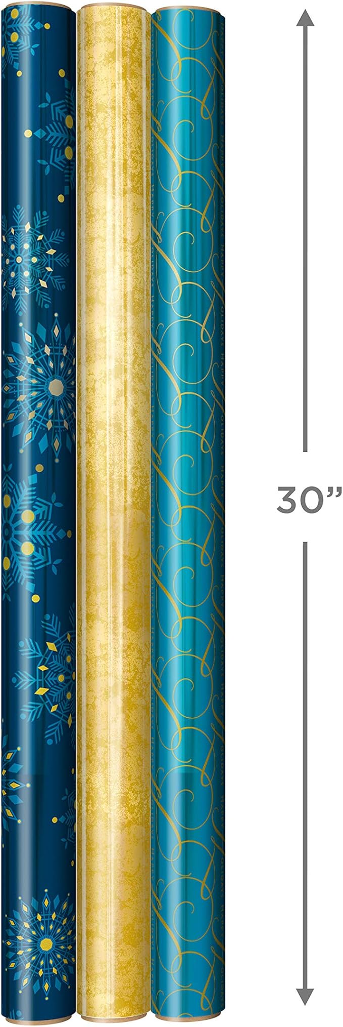 Hallmark Christmas Wrapping Paper Rolls, Metallic Foil Holiday Gift Wrap (Pack of 3: 60 sq. ft. ttl) Elegant Navy Blue and Gold for Christmas, Hanukkah, Weddings, Graduations