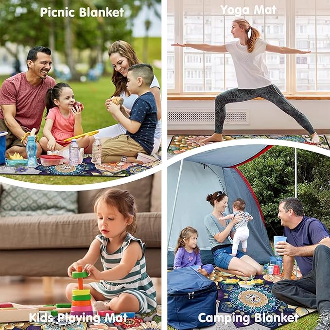 Waterproof Picnic Blankets Foldable & Portable 80''x80'' Boho Picnic Mat for Outdoors, Large Washable Picnic Blanket for Travel Camping Beach, Park Grass Picnic Blanket Accessories for Adults