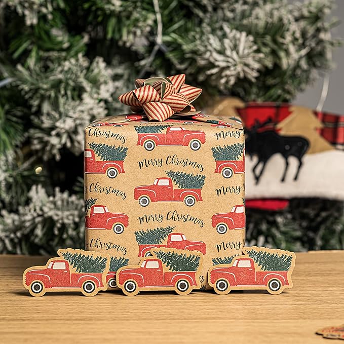 RUSPEPA Christmas Wrapping Paper Set - 4 Rolls of Kraft Wrapping Paper (30 Inches x 10 Feet Per Roll) with 8 Gift Bows, 1 Spools of Bakers Twine, Jute String, 30 Stickers and 30 Gift Tags - Red