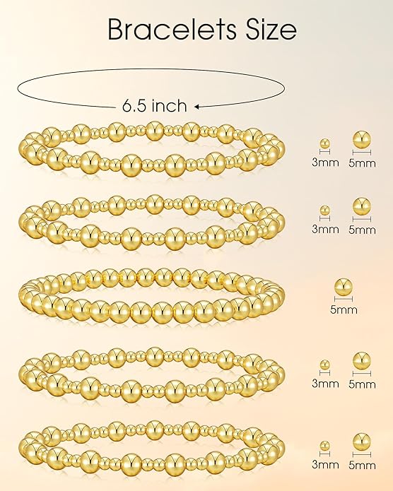 Howoo Gold Bracelets for Women Beaded Initial Bracelet Stack Dainty Heart Stretch Gold Charm Bracelet Jewelry for Women Trendy