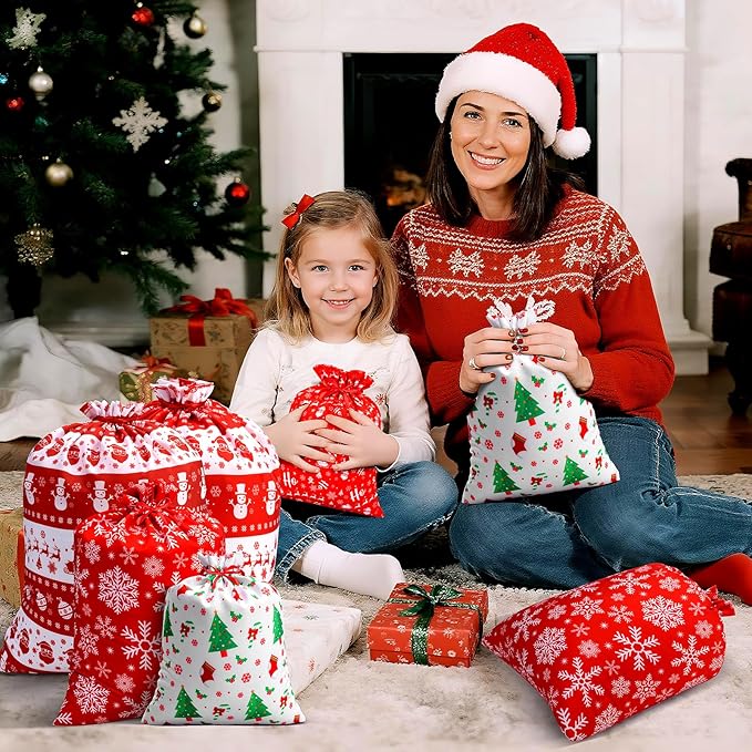 ARGCONNER 12 Pcs Christmas Gift Bags with Drawstring, Assorted Reusable Fabric Gift Bags in 4 Sizes and Designs for Xmas Holiday Party Favors, Treats, Stocking Stuffers