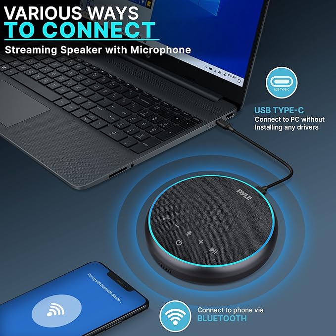 Pyle Portable Conference Speakerphone, Multifunctional Wireless BT Speaker Phone with USB C and Aux Cable, 10m Omnidirectional Microphone Coverage, Ideal for Home and Office Use