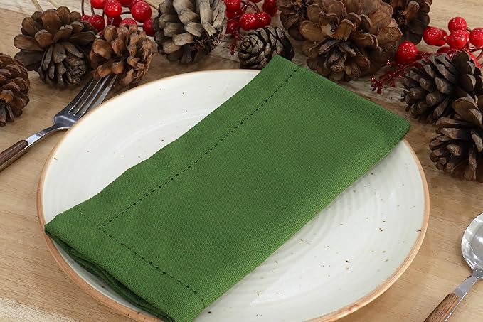 PurpleEssences Set of 12 Hemstitch Cloth Dinner Napkins 100% Cotton - Soft Durable Washable - Ideal for Wedding Christmas Holiday Winter - Perfect Everyday Use Table Linen 18x18 - Sage Green